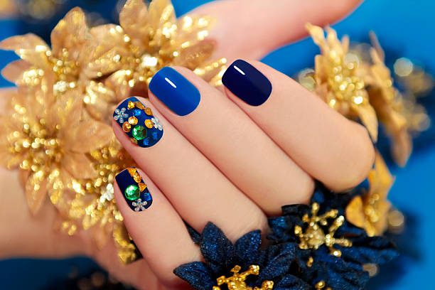 royal blue nails with diamonds